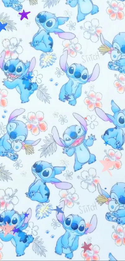 Playful Stitch characters on floral background wallpaper.