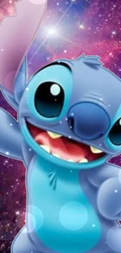 Cute Stitch character in a vibrant galaxy background.