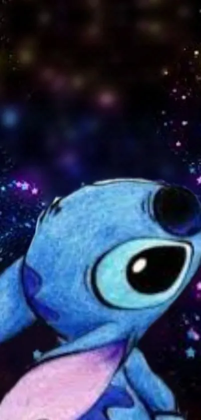 Stitch in a starry galaxy-themed mobile wallpaper, featuring vibrant blue colors.