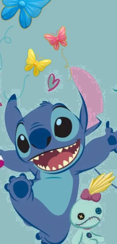 Colorful Stitch cartoon wallpaper with butterflies.