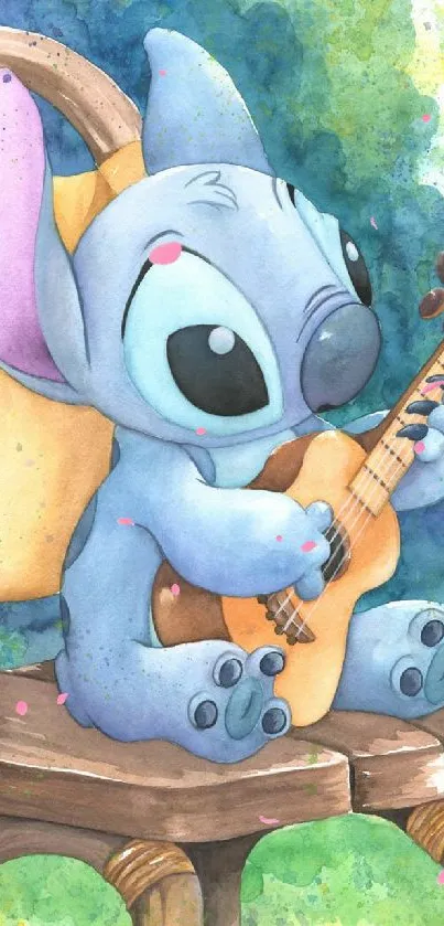 Stitch playing guitar on a chair in watercolor art style.