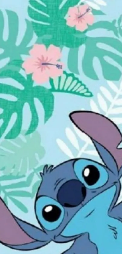 Stitch character with tropical leaves background