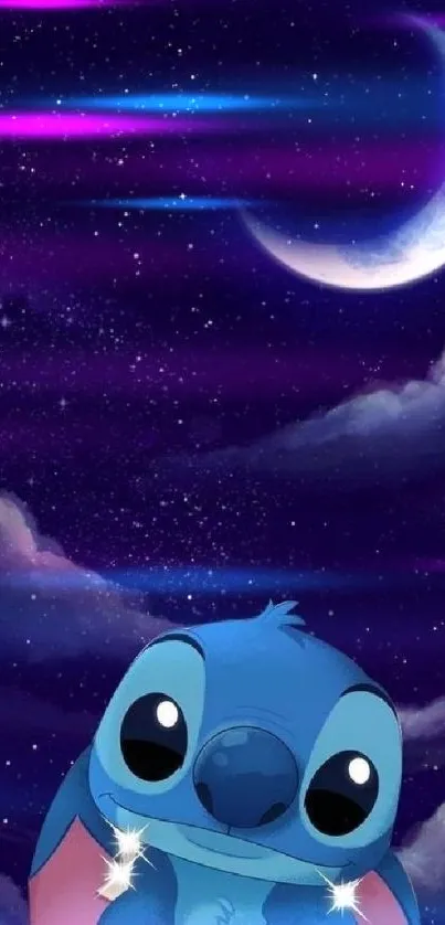 Stitch looking up at the moon under a starry night sky.