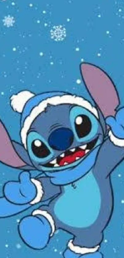 Stitch dressed in winter clothes on a blue background with snowflakes.