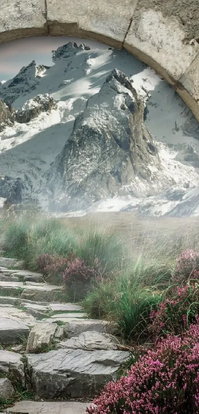 Stone archway opening to a mountain path lined with purple flowers.