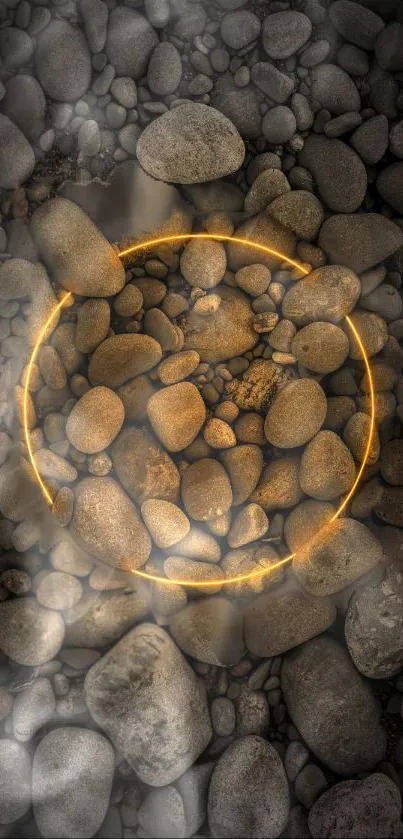 Glowing circle amidst grey stones in a serene mobile wallpaper.