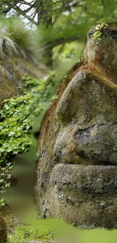 Stone sculpture face amid lush green foliage, creating a tranquil nature scene.
