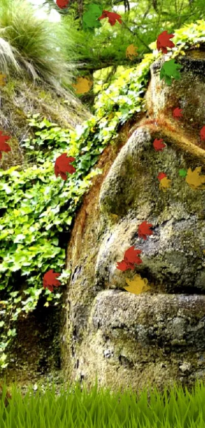 Stone face with foliage and scattered autumn leaves wallpaper.