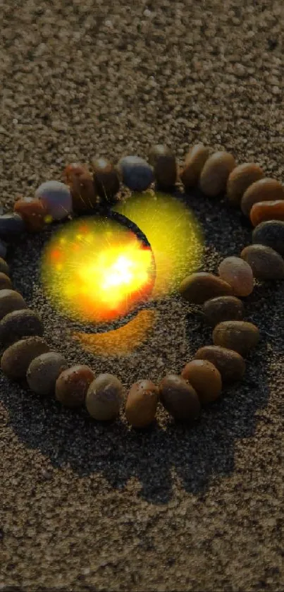 Heart-shaped stones with glowing light on sand.