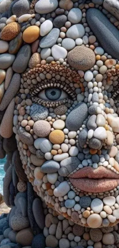 Mosaic face art crafted from stones with ocean in the background.