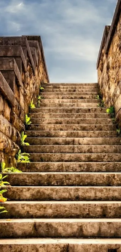 Stone stairway leading to a cloudy sky.