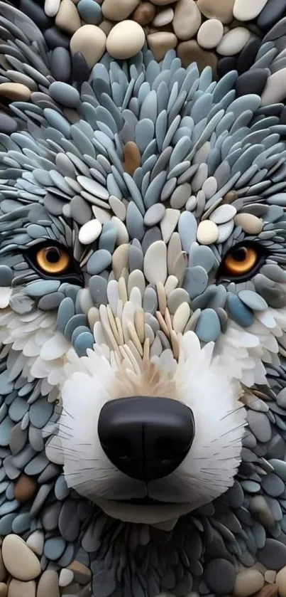 Artistic stone wolf design with gray, beige, and white hues.