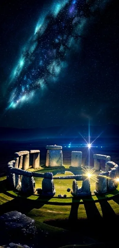 Stonehenge illuminated under a starry cosmic sky at night.