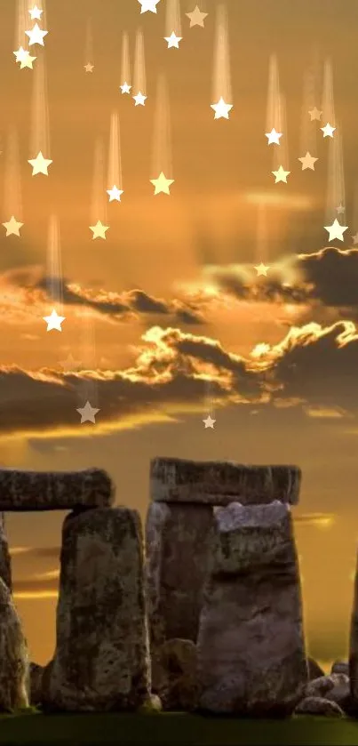 Serene Stonehenge under a starry sky with a golden sunset.