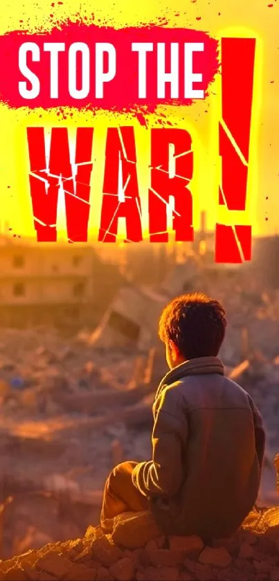 Boy on rubble with 'Stop The War' text in vibrant orange and red colors.