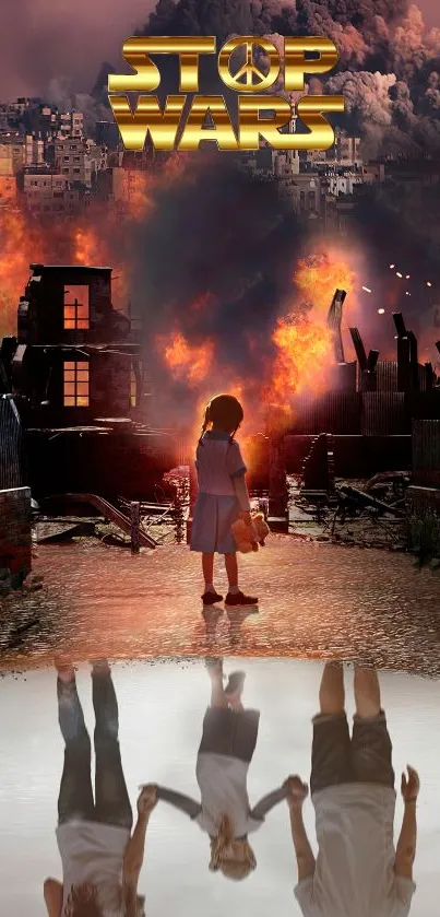 Powerful anti-war artwork with child's reflection and city in flames.