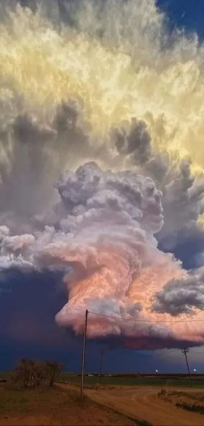 Dramatic storm clouds lit by sunset over rural landscape.