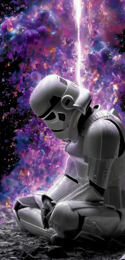 Stormtrooper sitting amidst cosmic explosion with vibrant colors.