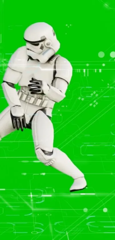 Stormtrooper dancing on neon green futuristic backdrop.