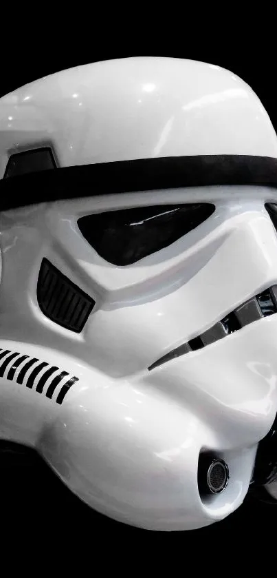 Closeup of a Stormtrooper helmet on a white background.