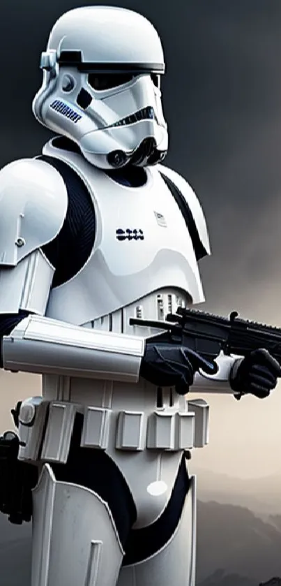 Stormtrooper with sci-fi armor in a dramatic, cloudy landscape.