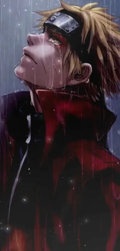 Anime character looking up into the rain, wearing a dark red cloak.