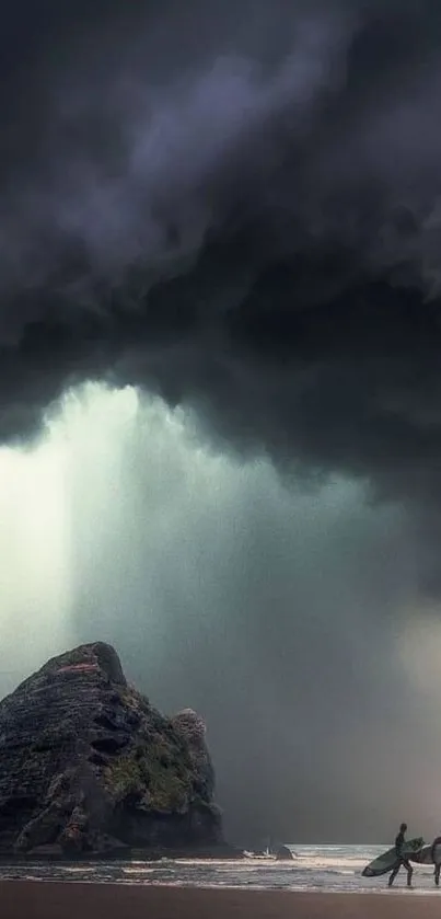 Surfers on stormy beach under dark clouds.