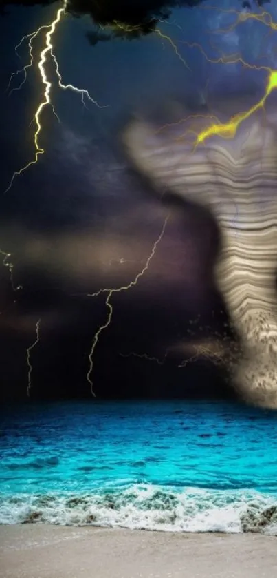 Stormy beach night with lightning over ocean and waves.