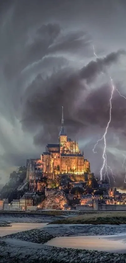 Stormy castle with lightning strikes, dramatic and epic mobile wallpaper design.