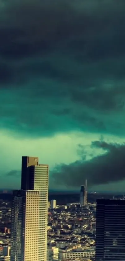 Stormy cityscape under dark teal clouds and skyline.