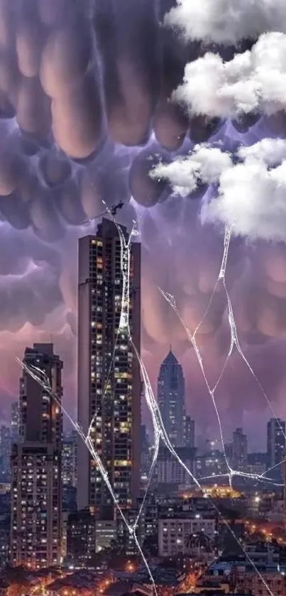 Dramatic storm clouds over a lit cityscape with skyscrapers.