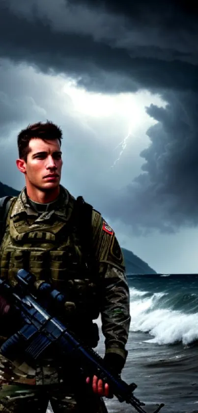 Soldier stands on a stormy beach with lightning in the background.