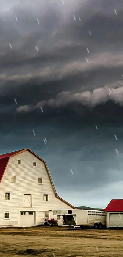 Farmhouse under a stormy sky with dramatic clouds for mobile wallpaper.