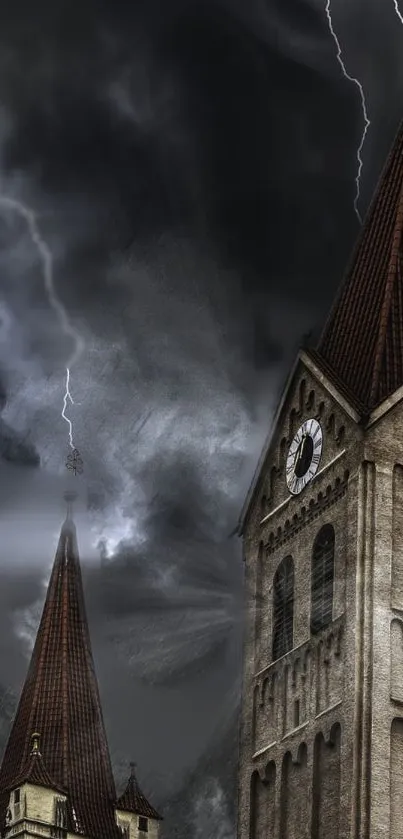 Gothic cathedral with lightning in stormy sky.