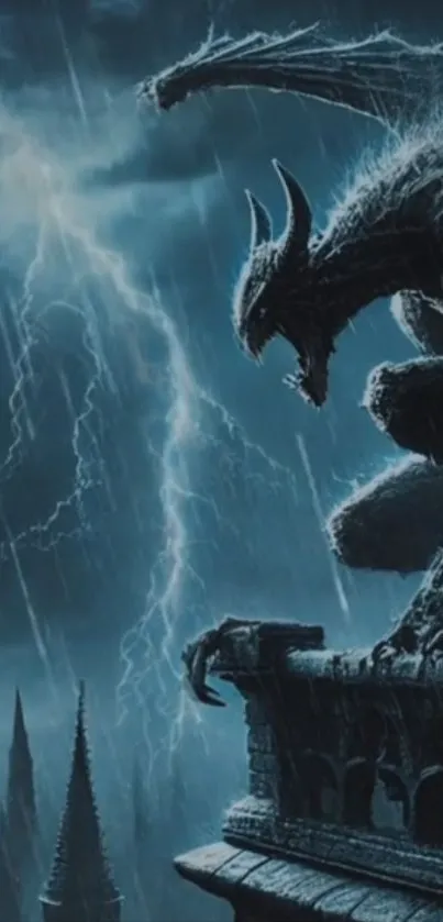 Gothic gargoyle under stormy skies with lightning.