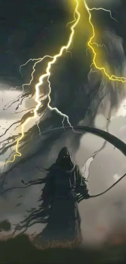 Grim Reaper stands under lightning in stormy sky.