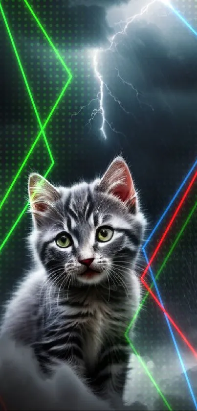 Cute kitten amidst stormy clouds with lightning striking.