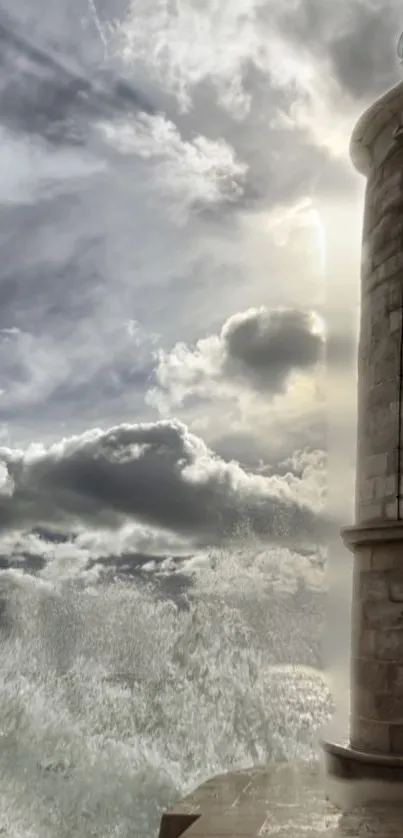 Lighthouse with stormy waves and cloudy sky.