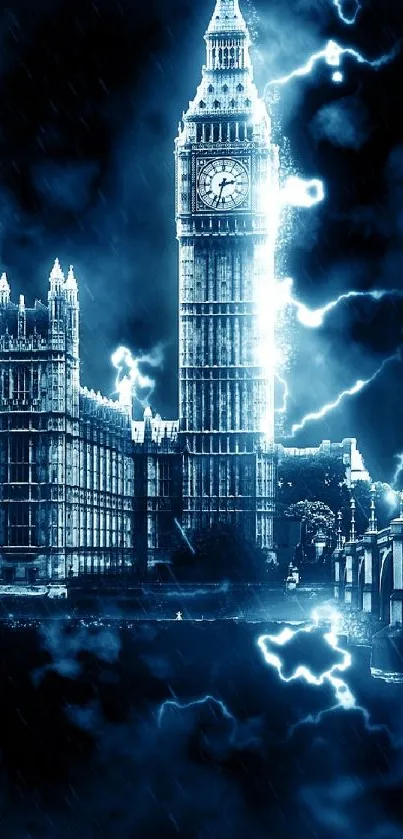 Big Ben under a stormy sky with lightning.