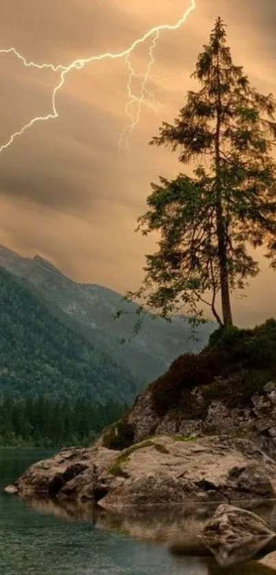 Serene mountain lake with tree and lightning strike in the evening sky.