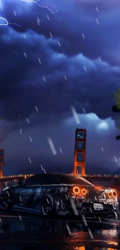 Sports car under a lightning storm with a bridge backdrop at night.