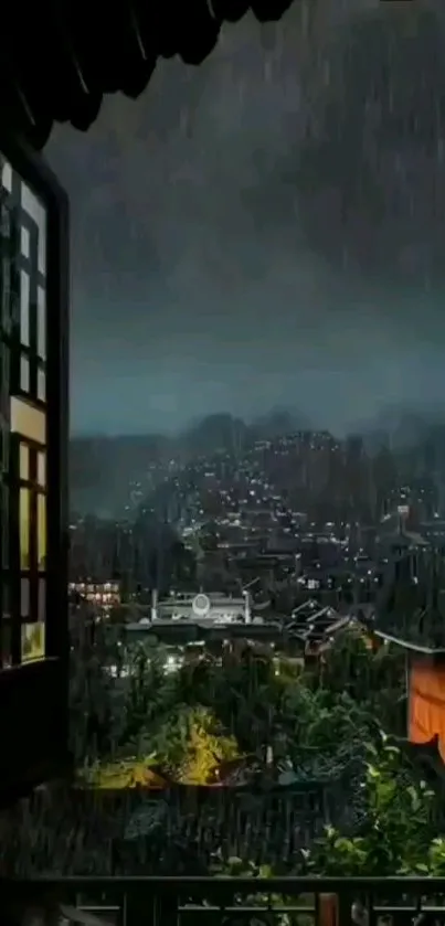 Nighttime cityscape seen through a window with rain and lights.