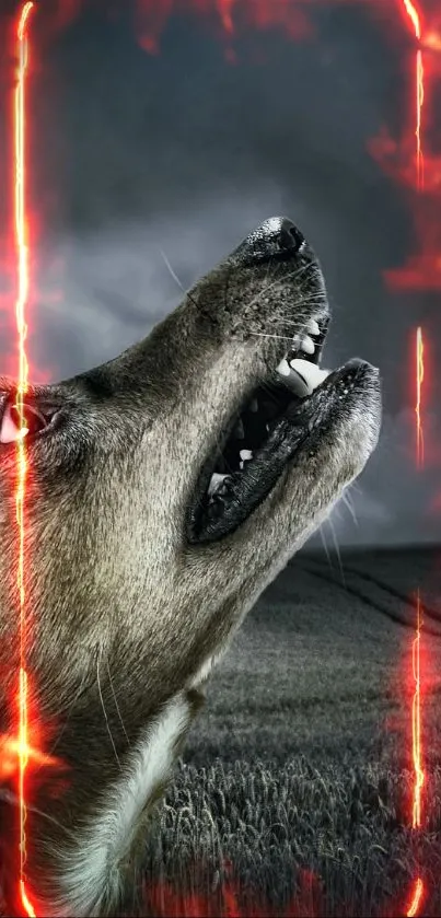 Dog howling against a stormy night sky in a scenic field.