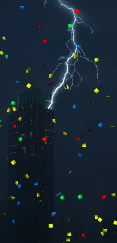 Lightning strikes above a dark skyscraper with colorful confetti in the night sky.