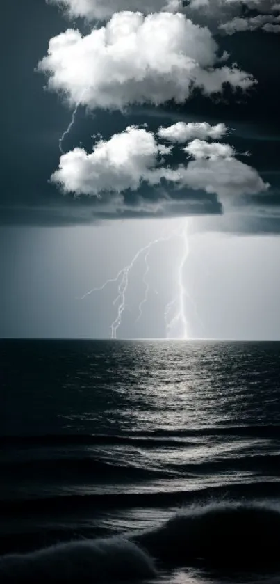 Lightning illuminates a stormy night over the ocean.