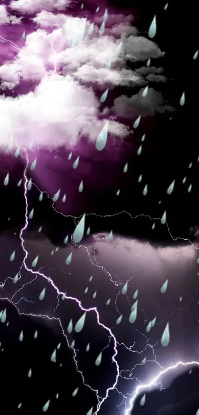 Purple lightning with raindrops and clouds on dark wallpaper.