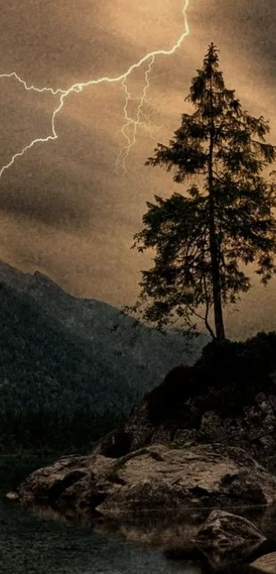 Lone tree on rocky hill during storm with lightning.