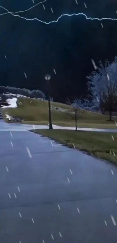 Stormy night with lightning and rain over a park path.