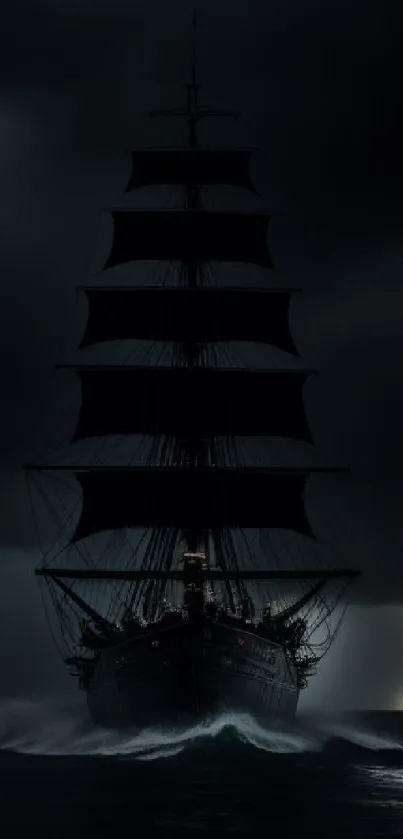 Dark ship in stormy ocean with lightning illuminating the sky.