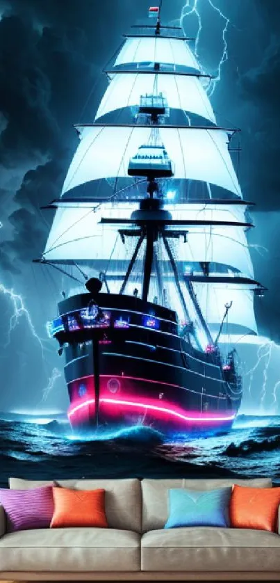 Ship sailing through stormy seas with vibrant neon lighting.